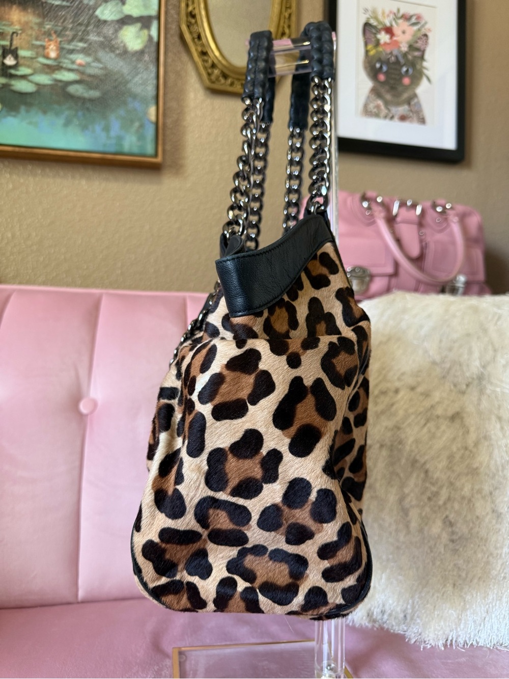 💯Auth! Henri Bendel Calf Hair Leopard Chain Handle Shoulder Bag Blk Leather Trim - Picture 2 of 16